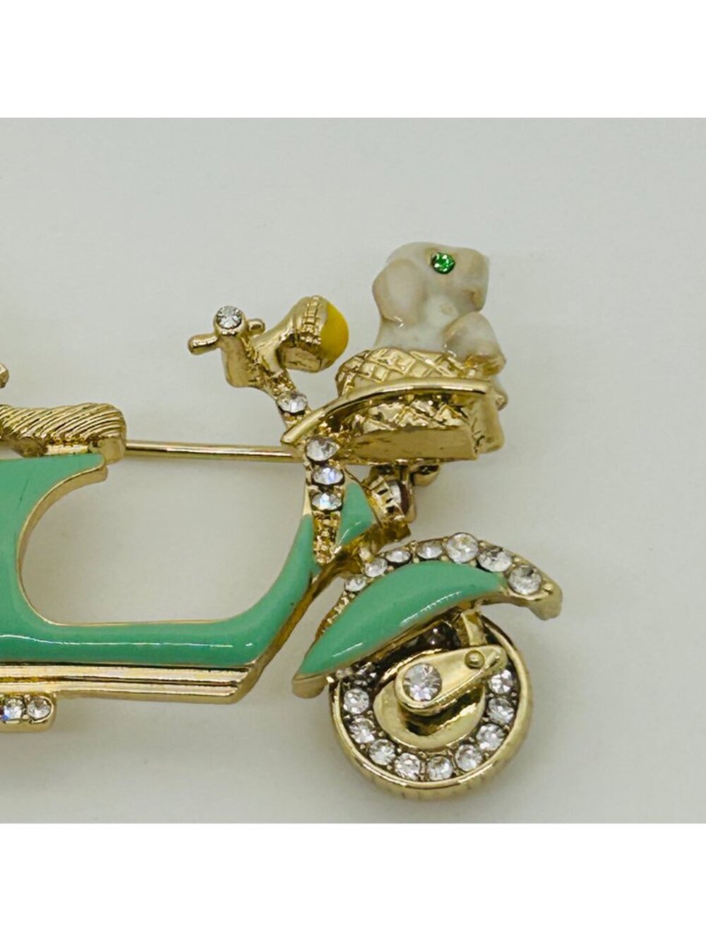 Anne Klein Green Enamel Scooter Brooch With Dog & Flower Rhinestone Accents - Picture 4 of 11